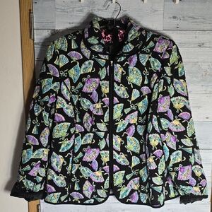 Quilted Collared Zip Front Asian Fan Print Jacket Size XL